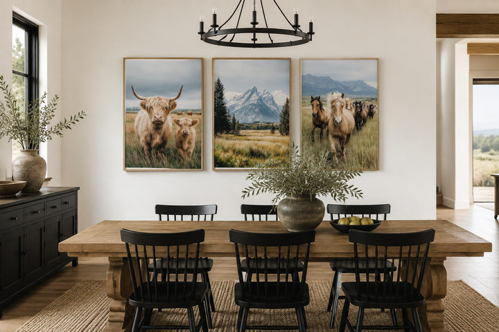 Set of three framed Western-themed prints featuring a Highland cow, mountains, and galloping horses.