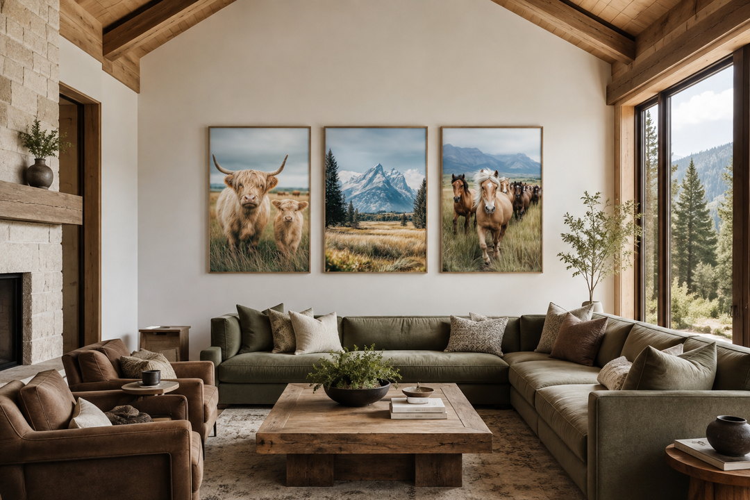 Set of 3 wall art prints featuring a Highland cow, Grand Teton mountains, and galloping horses.