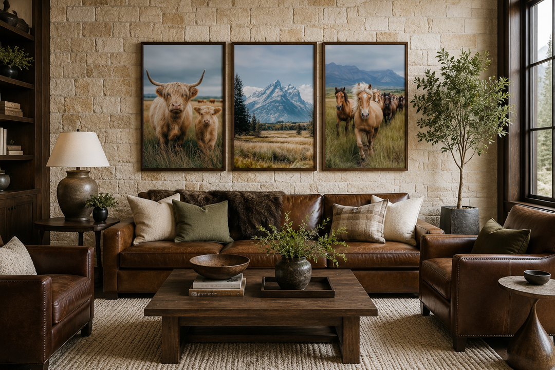 Set of 3 framed prints: Highland cows, Grand Teton mountains, and galloping horses on a stone wall.
