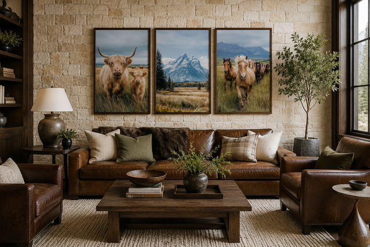 Set of 3 framed prints: Highland cows, Grand Teton mountains, and galloping horses on a stone wall.