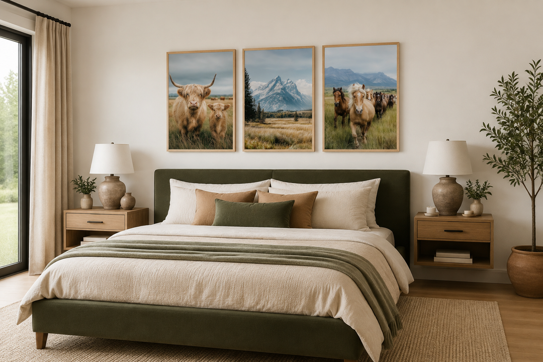 Set of 3 framed prints featuring a Highland cow, Grand Teton mountains, and galloping horses.