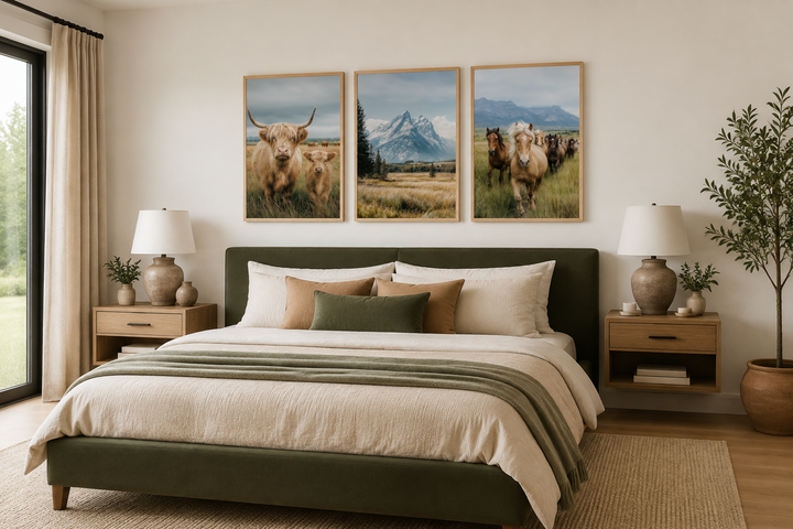 Set of 3 framed prints featuring a Highland cow, Grand Teton mountains, and galloping horses.