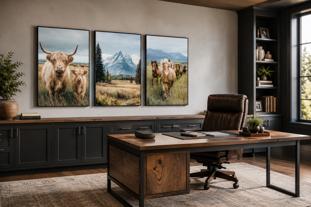 Set of 3 wall art prints featuring a Highland cow, Grand Teton mountains, and galloping horses.
