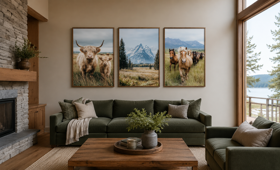 Set of 3 framed prints featuring a Highland cow and calf, Grand Teton mountains, and running horses.