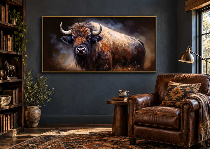 Extra large framed canvas print of an American buffalo in a rustic living room setting.