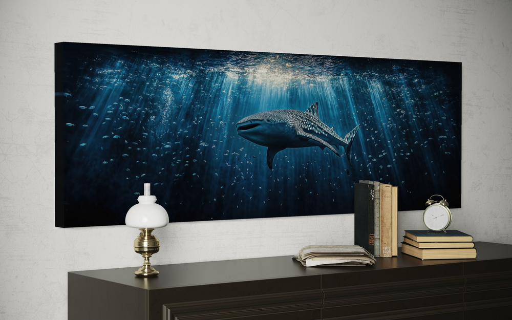 Whale shark long horizontal nautical underwater canvas wall art displayed above a dark dresser.