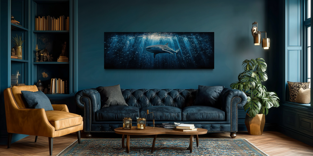 Whale shark long horizontal nautical underwater canvas wall art hanging in a dark blue living room.
