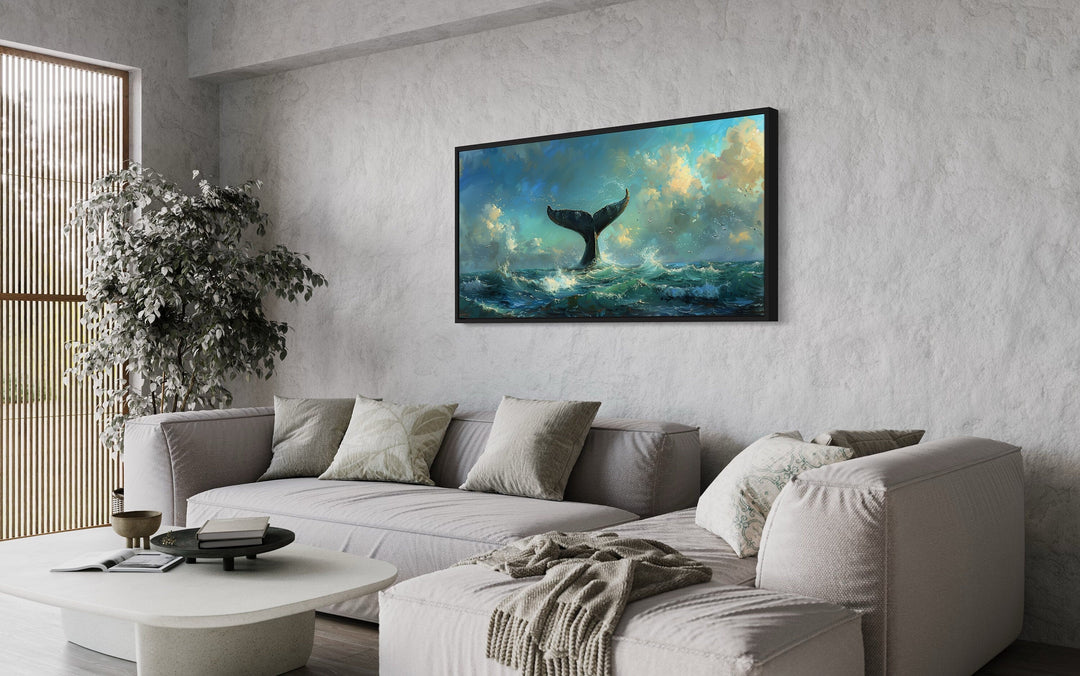 Whale's Tail In Ocean Nautical Framed Canvas Wall Art