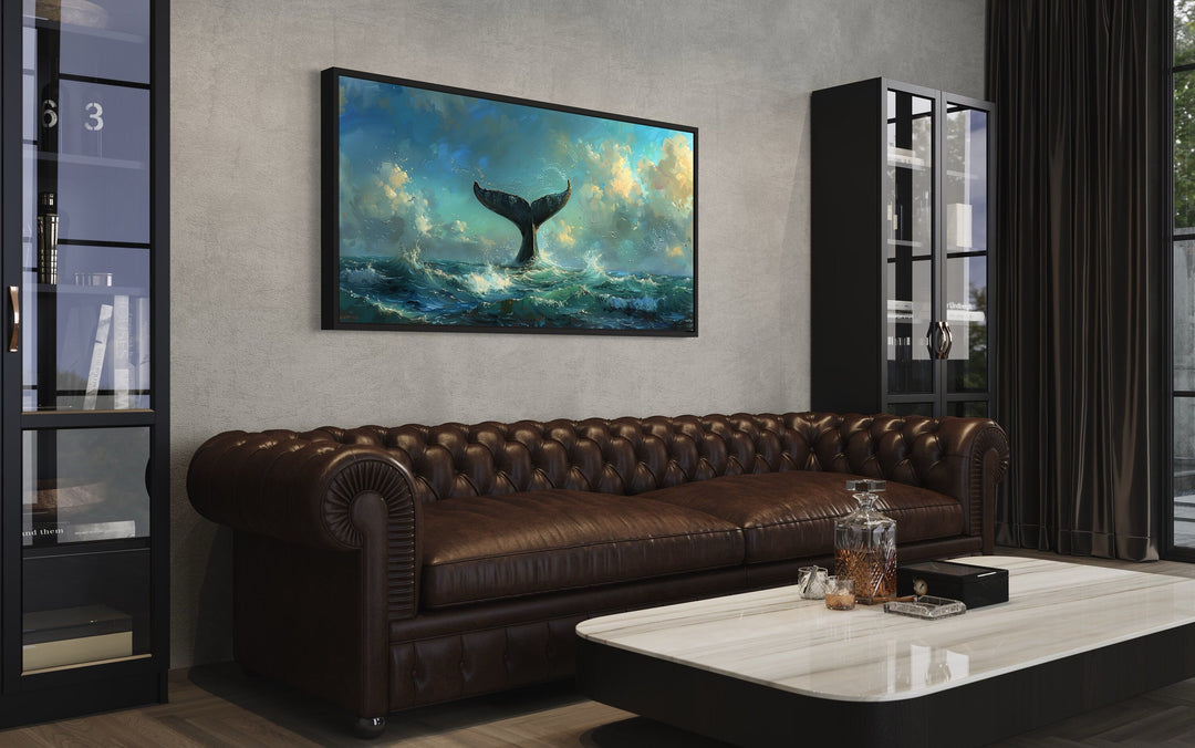 Whale's Tail In Ocean Nautical Framed Canvas Wall Art