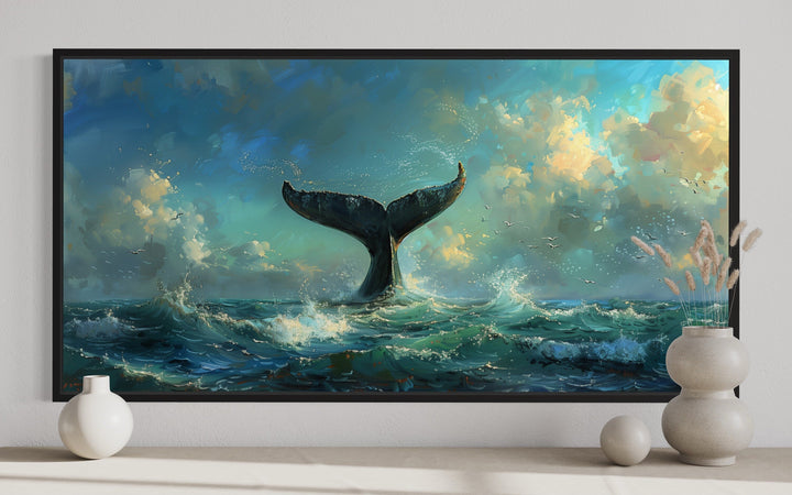 Whale's Tail In Ocean Nautical Framed Canvas Wall Art