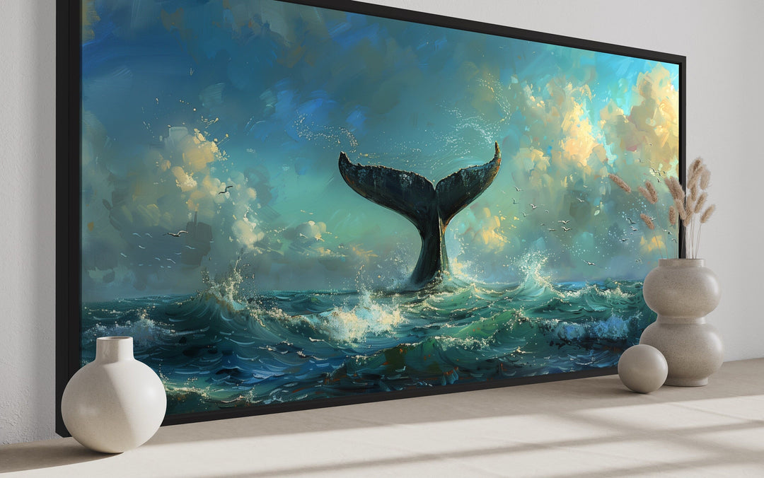 Whale's Tail In Ocean Nautical Framed Canvas Wall Art