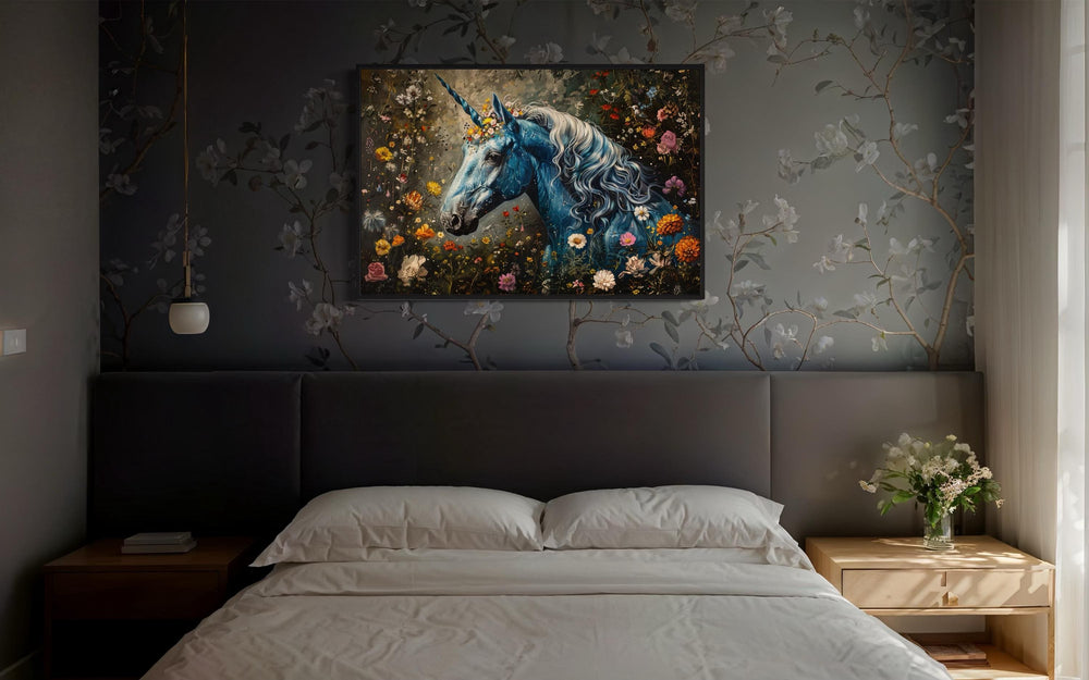 Whimsical Blue Unicorn In Magical Forest Canvas Wall Art above bed