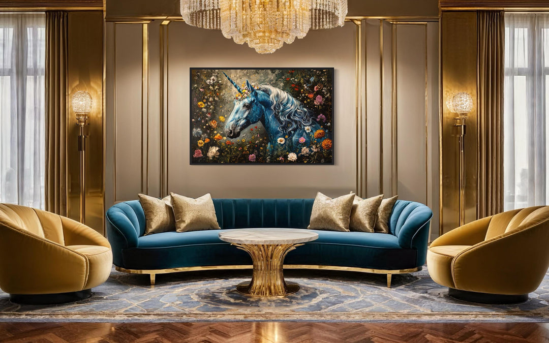 Whimsical Blue Unicorn In Magical Forest Canvas Wall Art