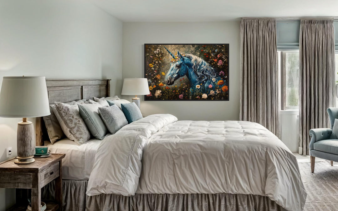 Whimsical Blue Unicorn In Magical Forest Canvas Wall Art