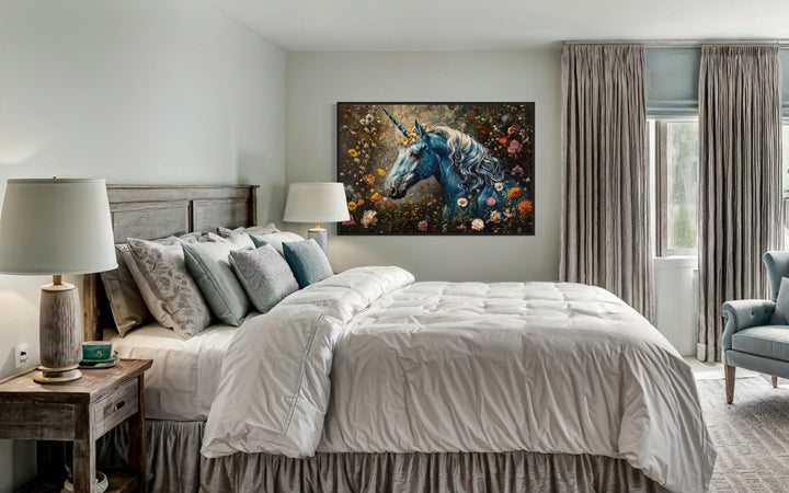 Whimsical Blue Unicorn In Magical Forest Canvas Wall Art