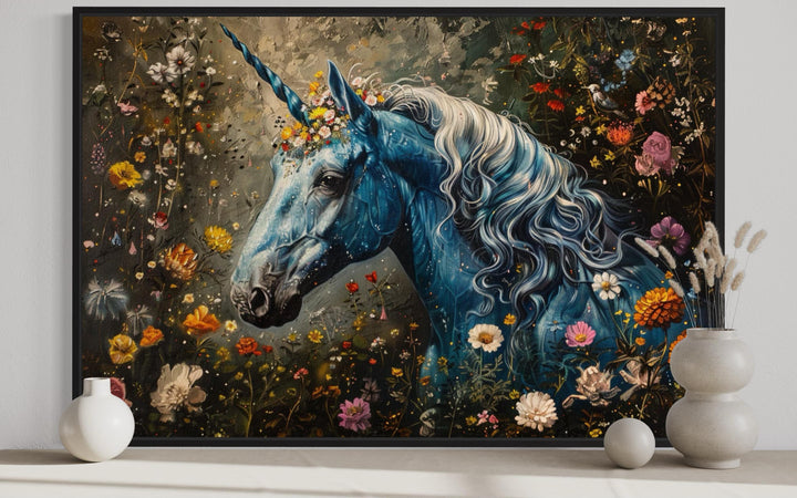 Whimsical Blue Unicorn In Magical Forest Canvas Wall Art