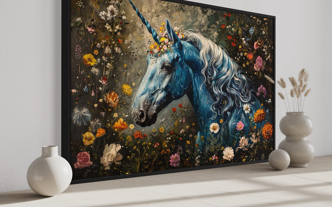 Whimsical Blue Unicorn In Magical Forest Canvas Wall Art