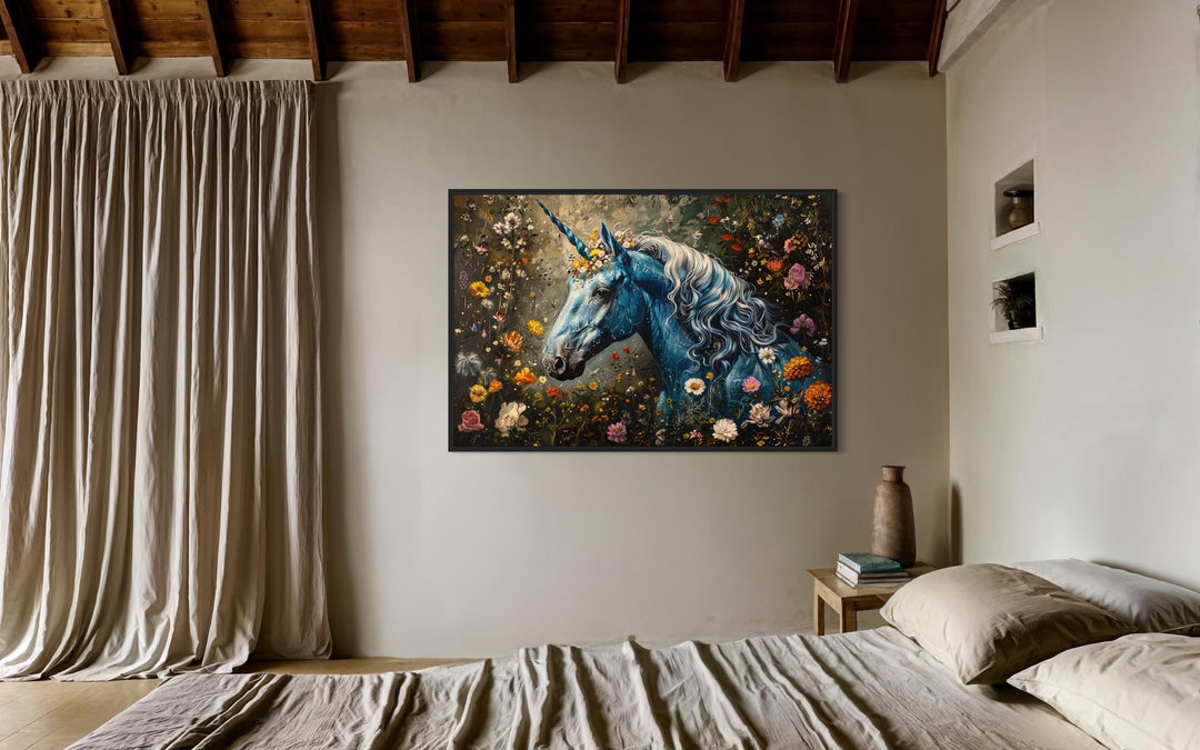 Whimsical Blue Unicorn In Magical Forest Canvas Wall Art