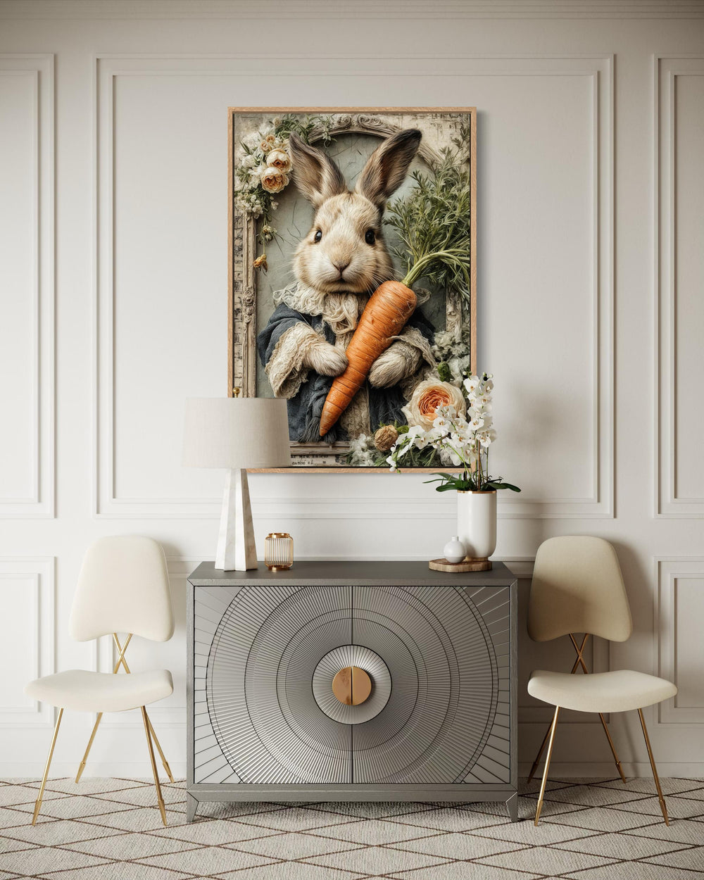 Whimsical canvas wall art of a bunny holding a carrot, framed by flowers in a modern room setting.