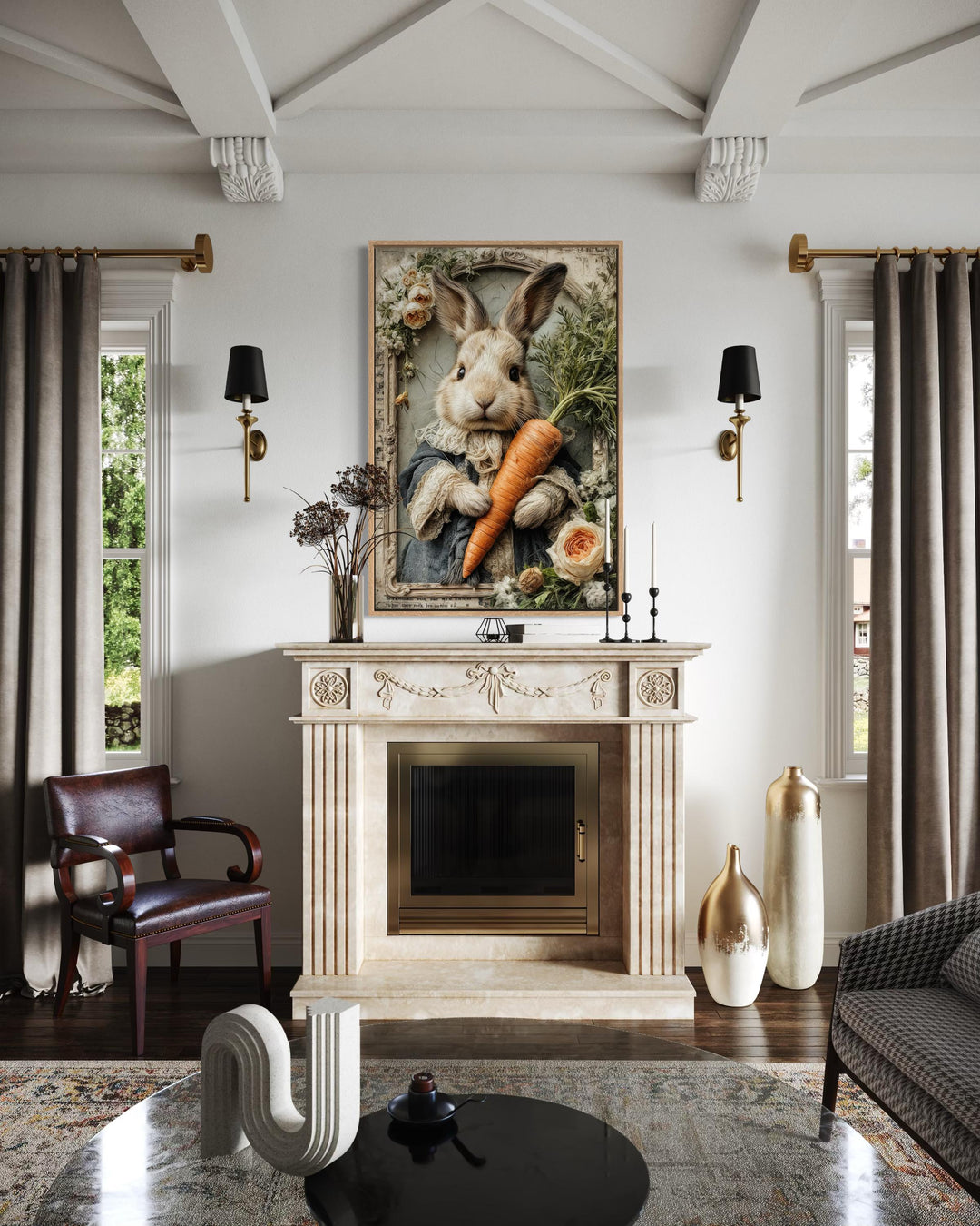 Whimsical canvas wall art of a bunny holding a carrot, framed above a classic fireplace mantel.