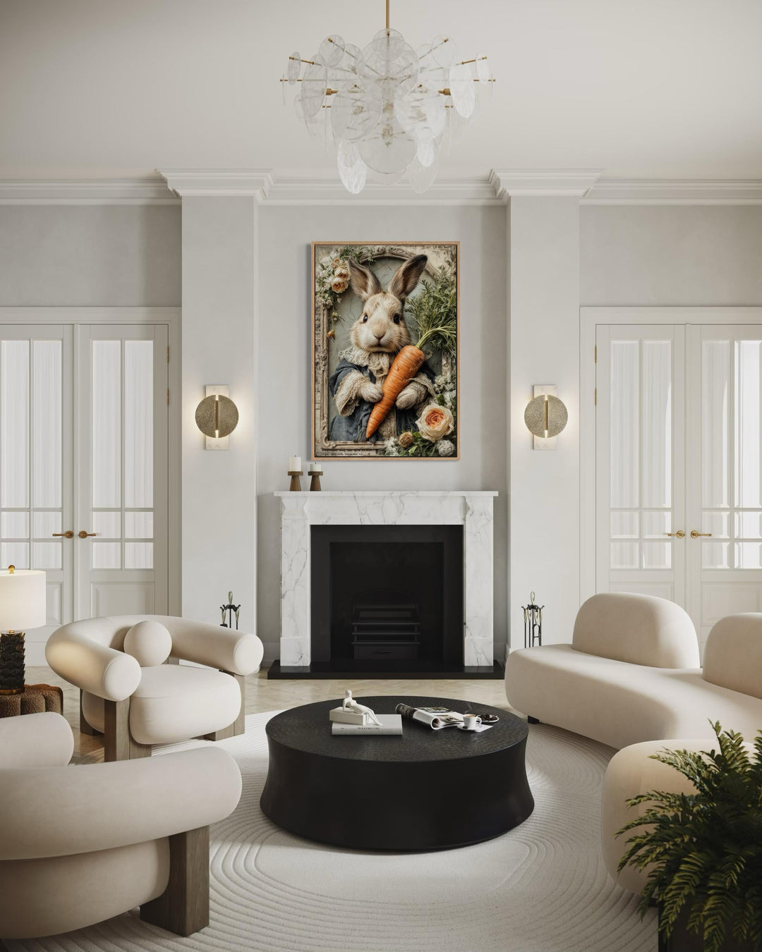 Whimsical canvas wall art of a bunny with a carrot in a floral frame above a marble fireplace.