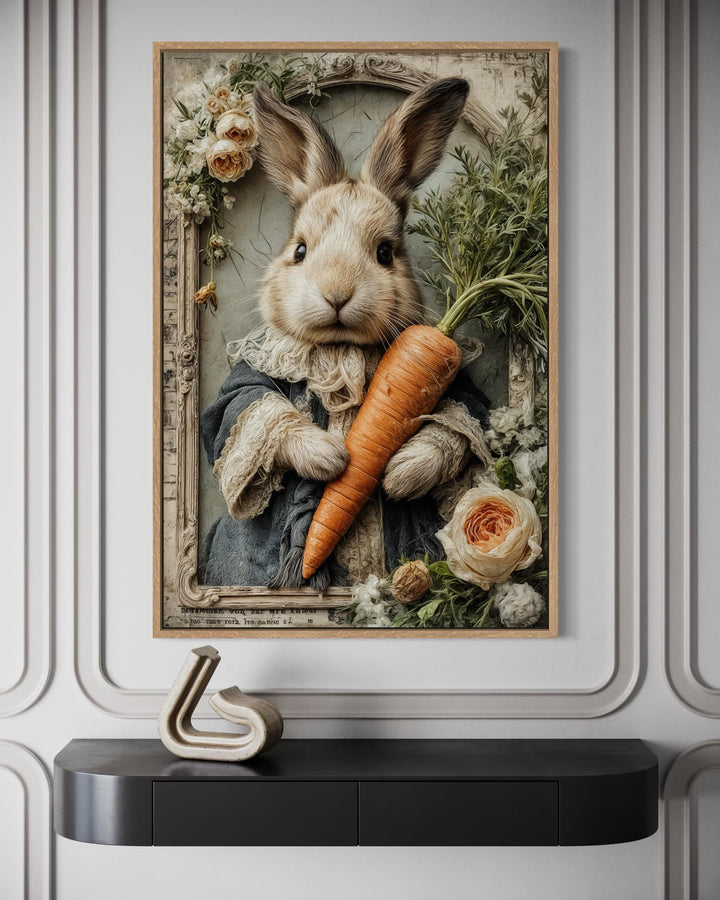 Whimsical canvas wall art of a bunny in a coat holding a carrot, framed by flowers.