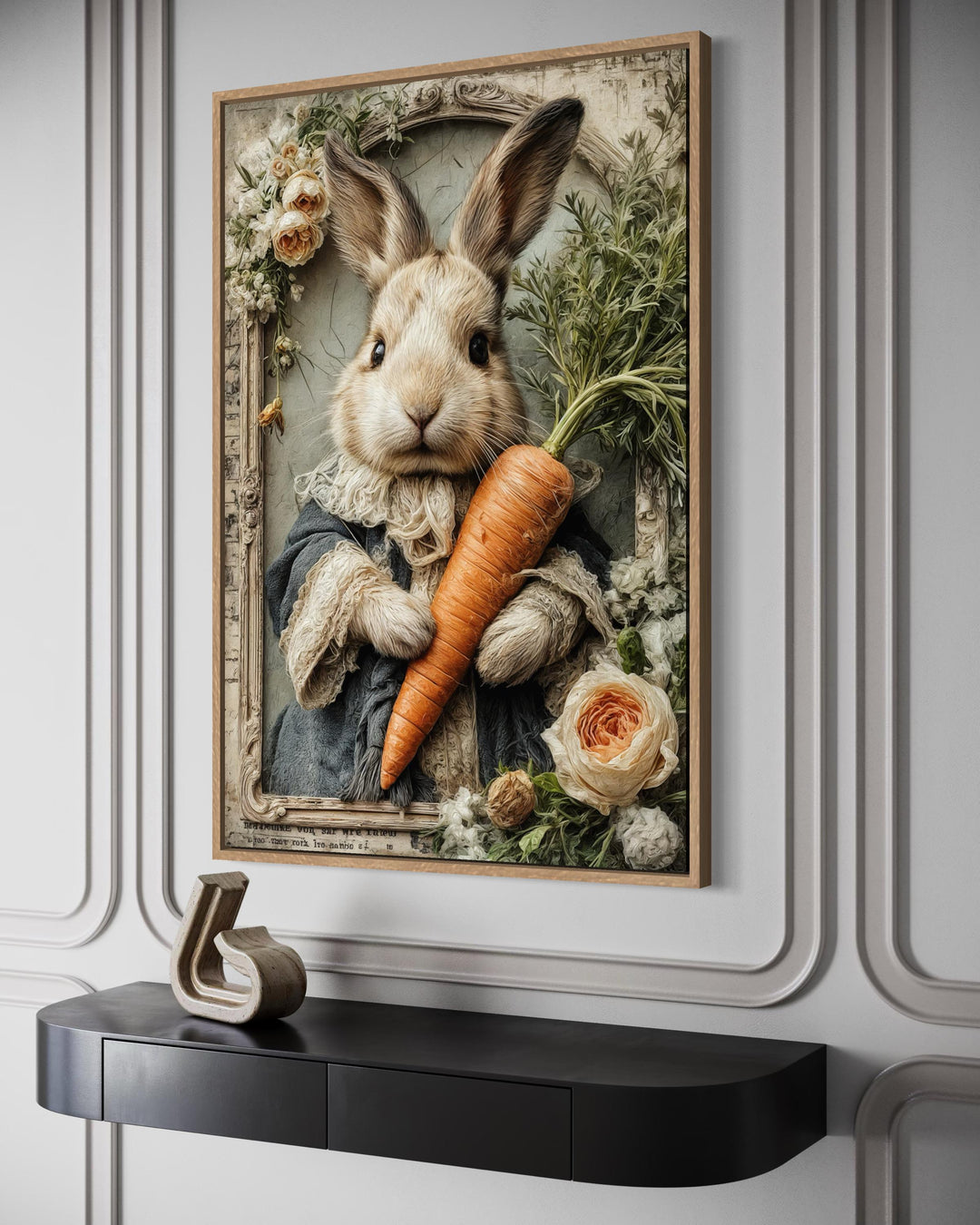 Whimsical floral Easter bunny canvas wall art featuring a rabbit holding a carrot in a wood frame.