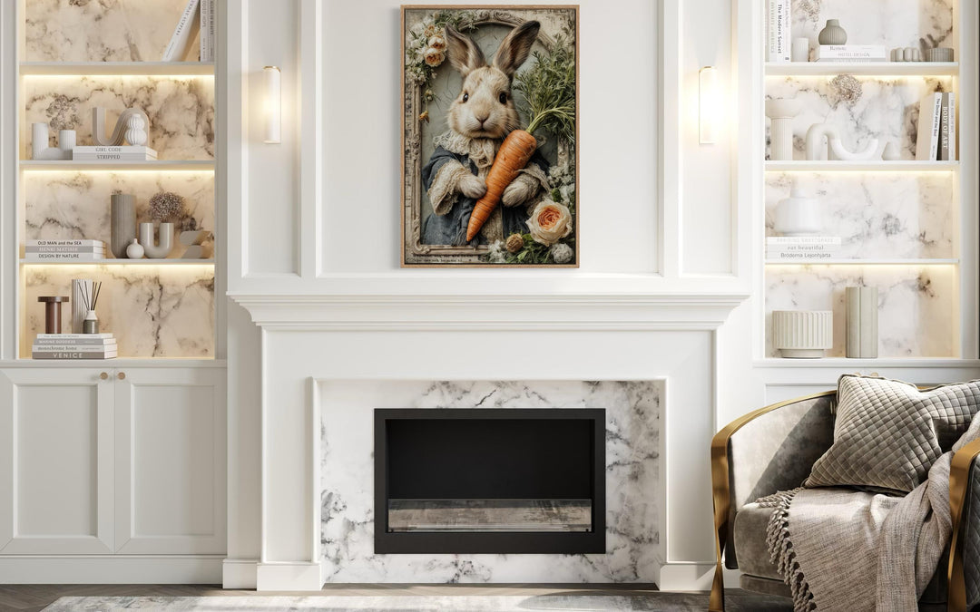 Whimsical floral Easter bunny with carrot canvas wall art hanging above a white marble fireplace.