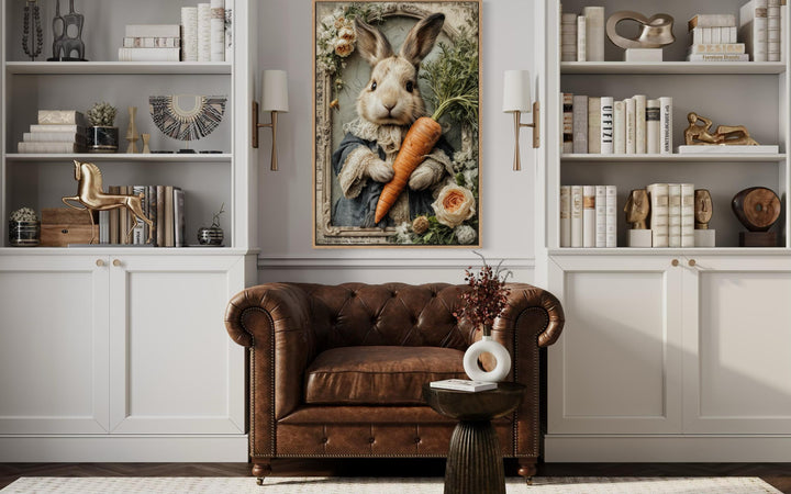 Whimsical canvas wall art featuring a bunny holding a carrot, framed by delicate floral accents.