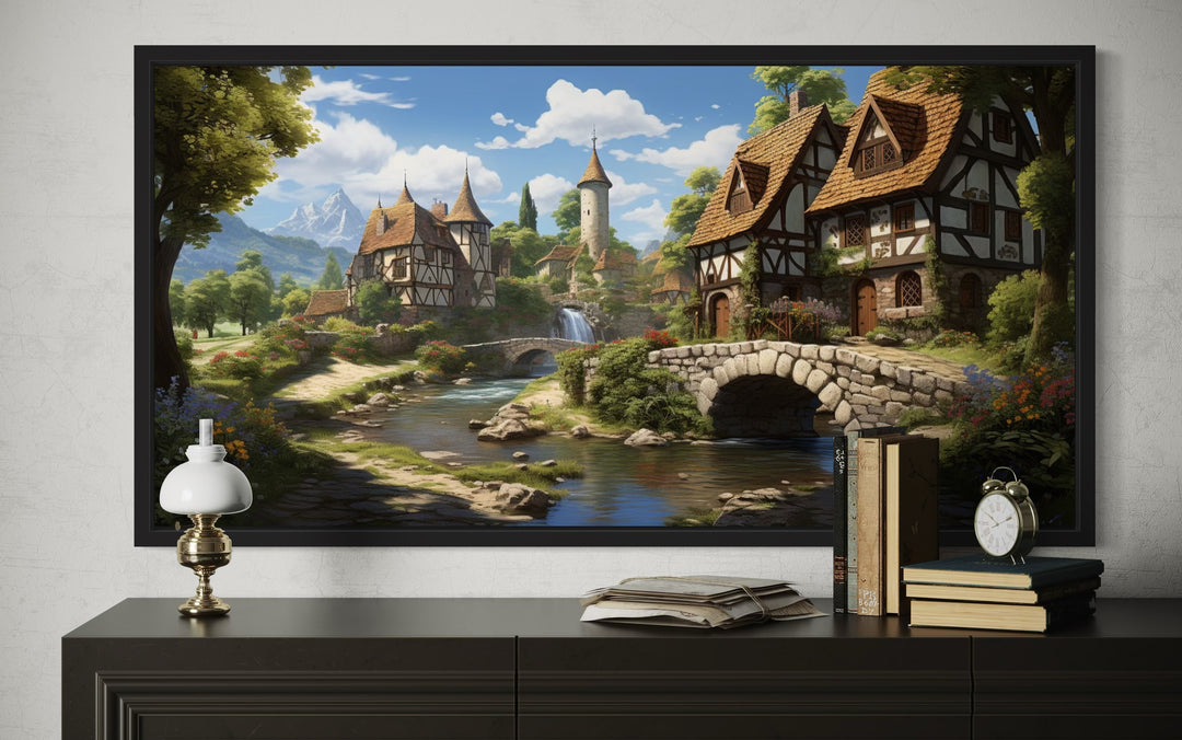 Whimsical Medieval Village With Tudor Houses Framed Canvas Wall Art