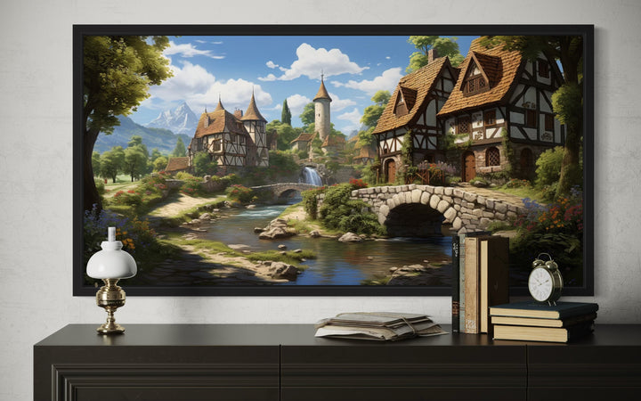 Whimsical Medieval Village With Tudor Houses Framed Canvas Wall Art