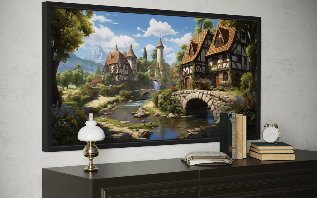 Whimsical Medieval Village With Tudor Houses Framed Canvas Wall Art
