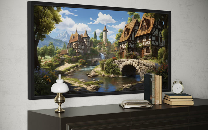 Whimsical Medieval Village With Tudor Houses Framed Canvas Wall Art