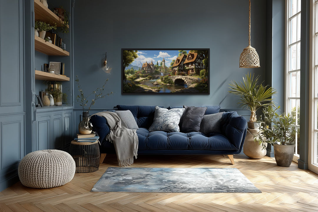 Whimsical Medieval Village With Tudor Houses Framed Canvas Wall Art