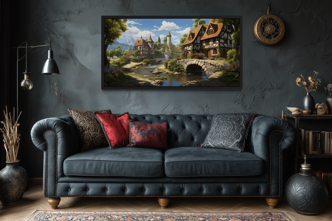 Whimsical Medieval Village With Tudor Houses Framed Canvas Wall Art