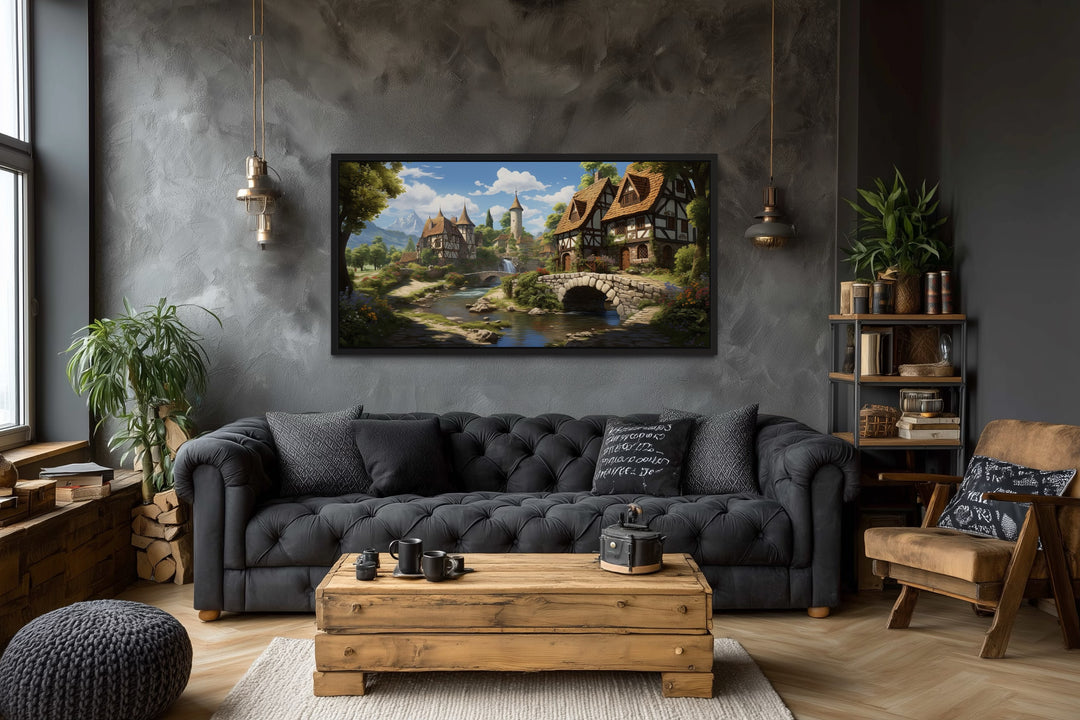 Whimsical Medieval Village With Tudor Houses Framed Canvas Wall Art