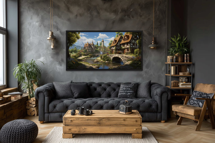 Whimsical Medieval Village With Tudor Houses Framed Canvas Wall Art