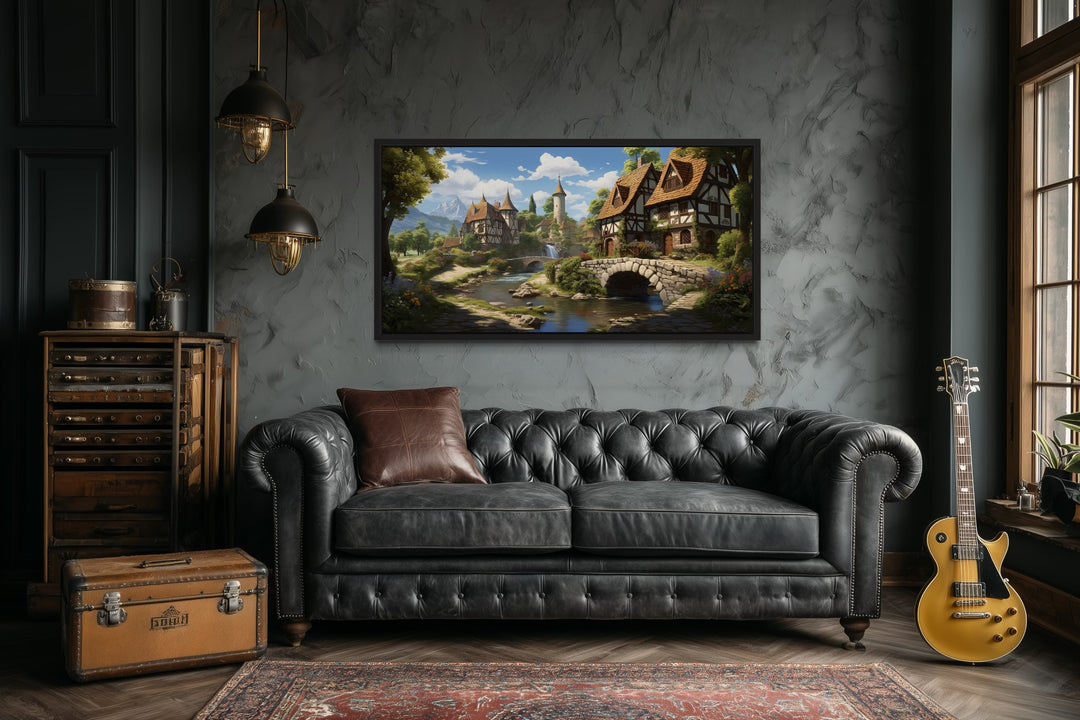 Whimsical Medieval Village With Tudor Houses Framed Canvas Wall Art