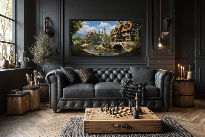 Whimsical Medieval Village With Tudor Houses Framed Canvas Wall Art