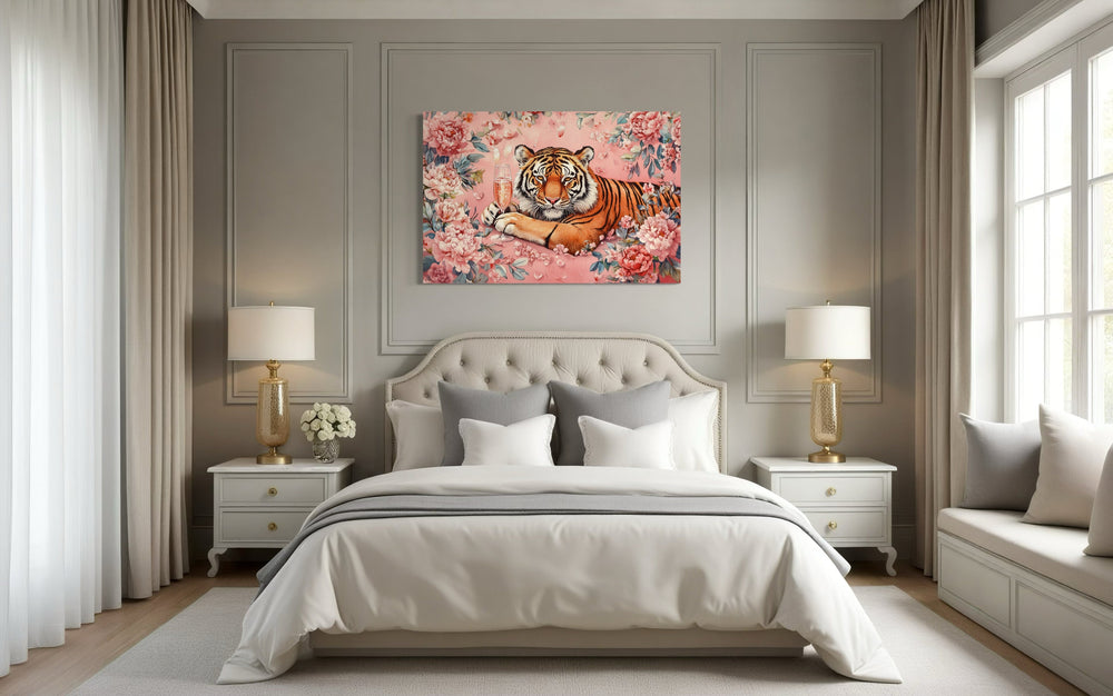 Whimsical Tiger In Pink Flowers Drinking Wine Maximalist Framed Canvas Wall Art