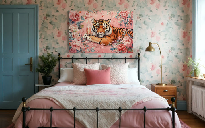 Whimsical Tiger In Pink Flowers Drinking Wine Maximalist Framed Canvas Wall Art