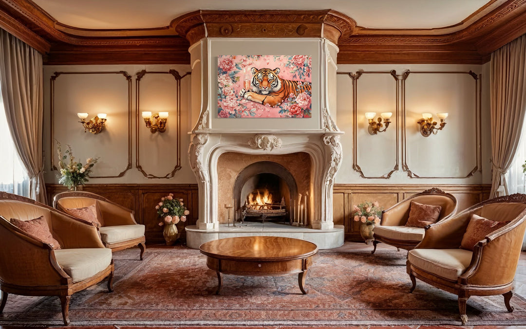 Whimsical Tiger In Pink Flowers Drinking Wine Maximalist Framed Canvas Wall Art