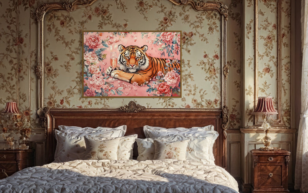 Whimsical Tiger In Pink Flowers Drinking Wine Maximalist Framed Canvas Wall Art