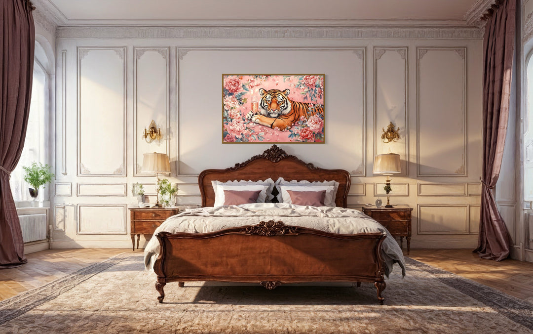 Whimsical Tiger In Pink Flowers Drinking Wine Maximalist Framed Canvas Wall Art