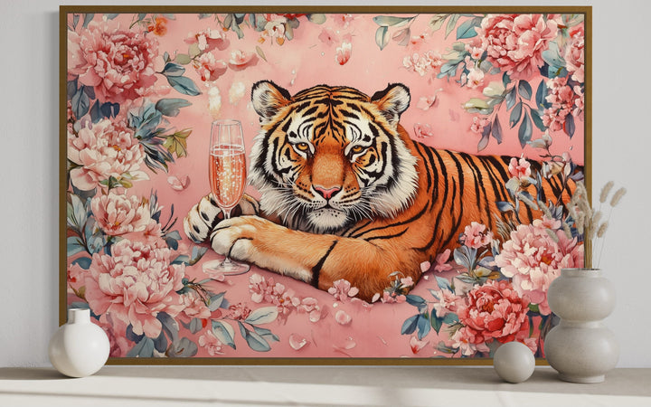 Whimsical Tiger In Pink Flowers Drinking Wine Maximalist Framed Canvas Wall Art