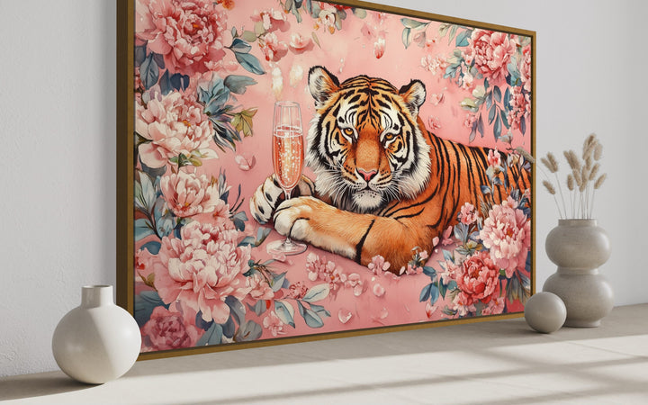 Whimsical Tiger In Pink Flowers Drinking Wine Maximalist Framed Canvas Wall Art