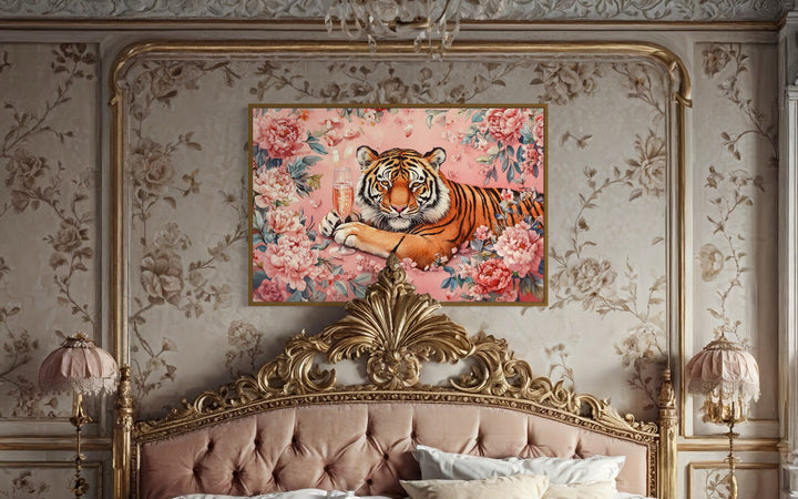 Whimsical Tiger In Pink Flowers Drinking Wine Maximalist Framed Canvas Wall Art