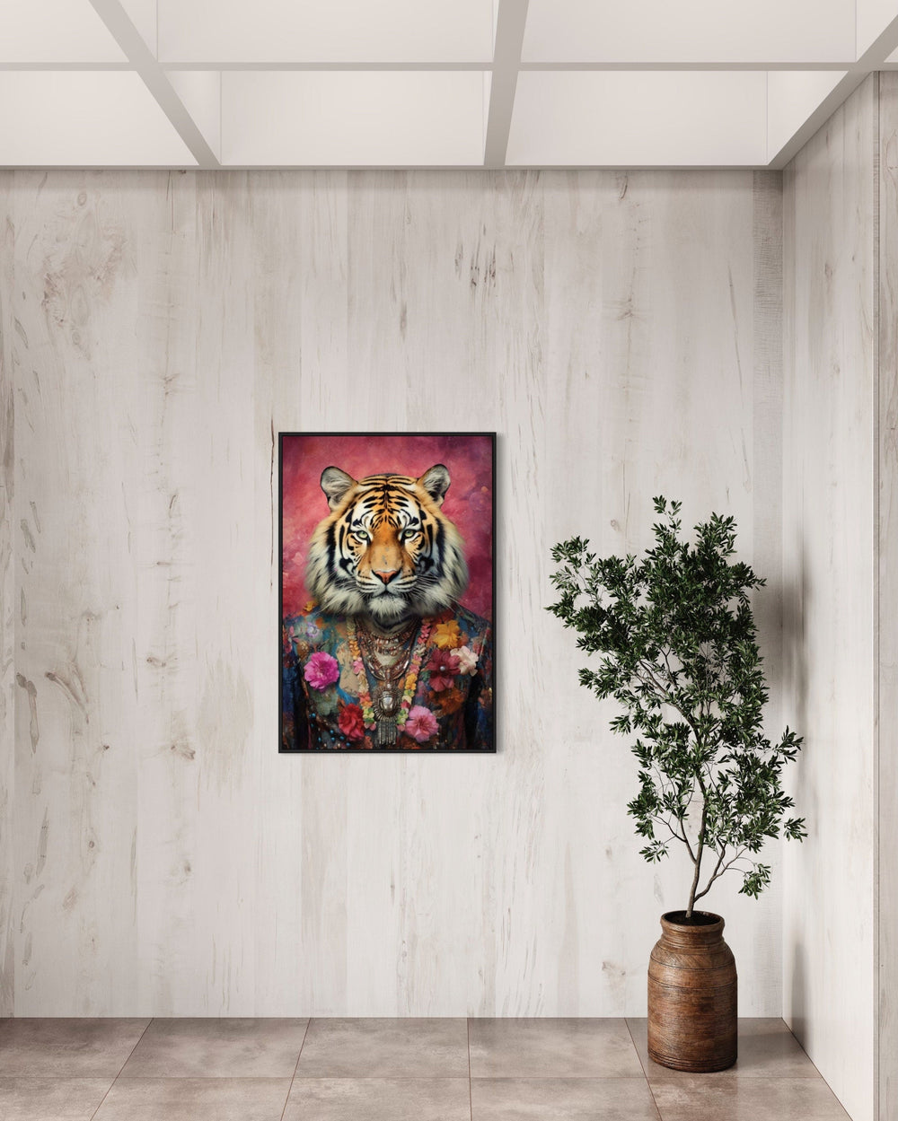 Whimsical Tiger In Pink Suit Fashion Framed Canvas Wall Art