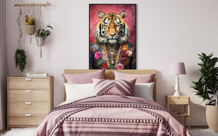 Whimsical Tiger In Pink Suit Fashion Framed Canvas Wall Art