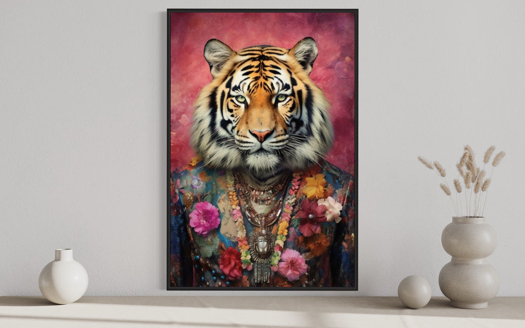 Whimsical Tiger In Pink Suit Fashion Framed Canvas Wall Art